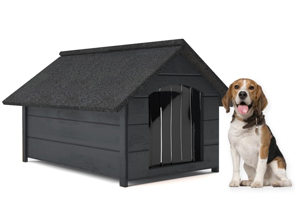 Buda dla psa L - ocieplana, drewniana, z zasłoną - szara