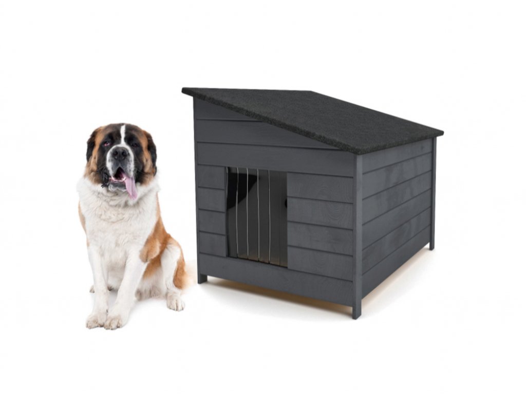 Buda dla psa XXL - ocieplana, drewniana, z zasłoną - szara